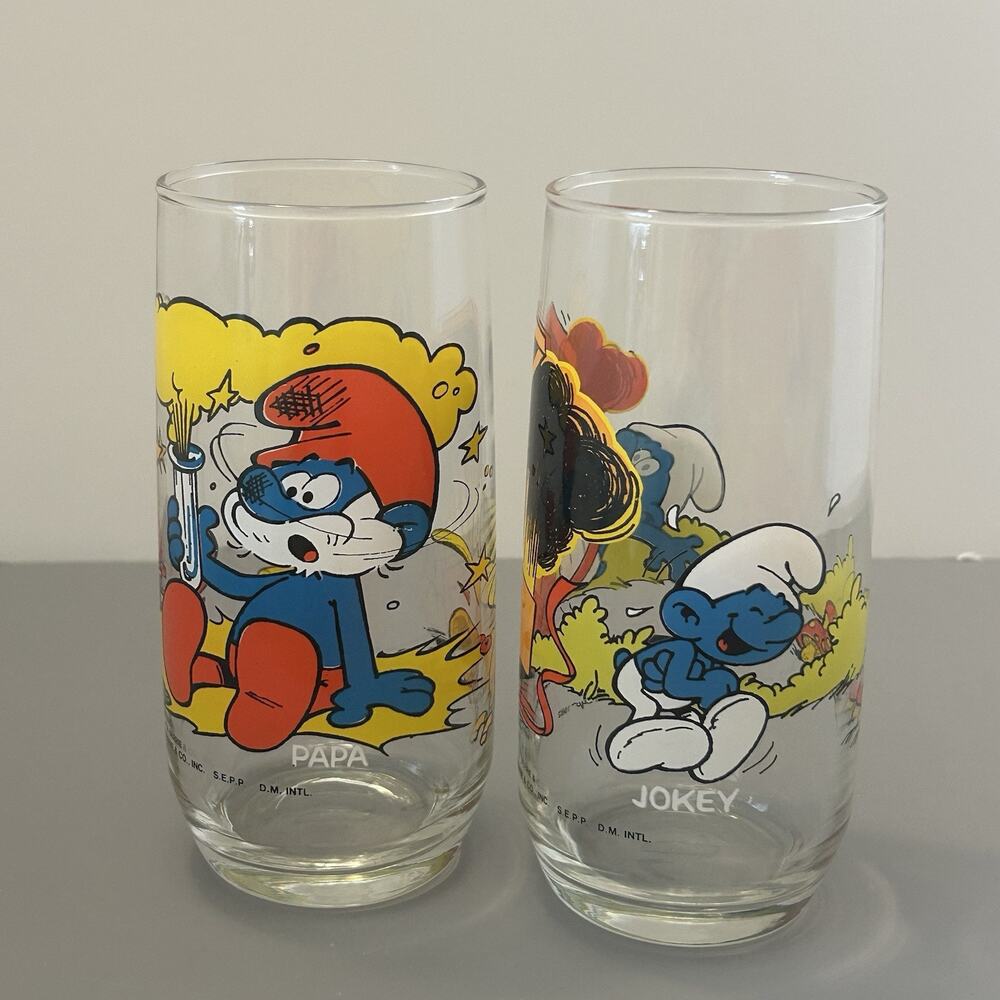 Smurf Papa and Jokey Collector Glass/Tumbler 1983 Peyo Vintage 6 Inch Lot of 2